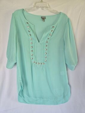 Vanity Mint-Blue Stud-Trim Tunic Blouse